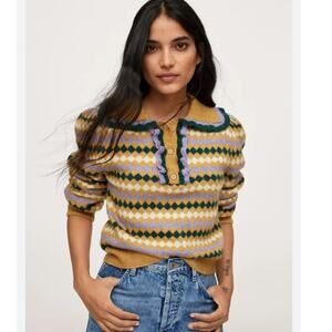 Mango Peter Pan Collar Ruffle Argyle Knit Sweater M Academia Preppy retro 70's